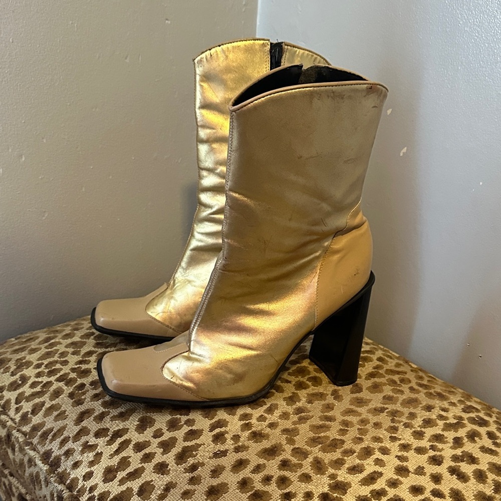 Mango Vintage Metallic Gold Leather Boots square 3.5 Heeled Boots Size 10